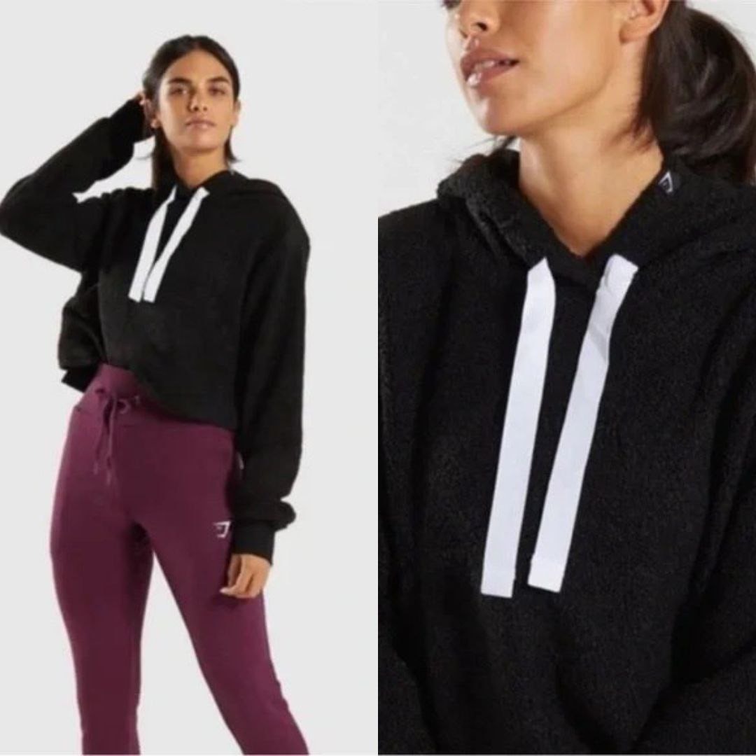 Gymshark Borg Cropped Hoodie Xs Black Plush Teddy Fleece Sweatshirt Active